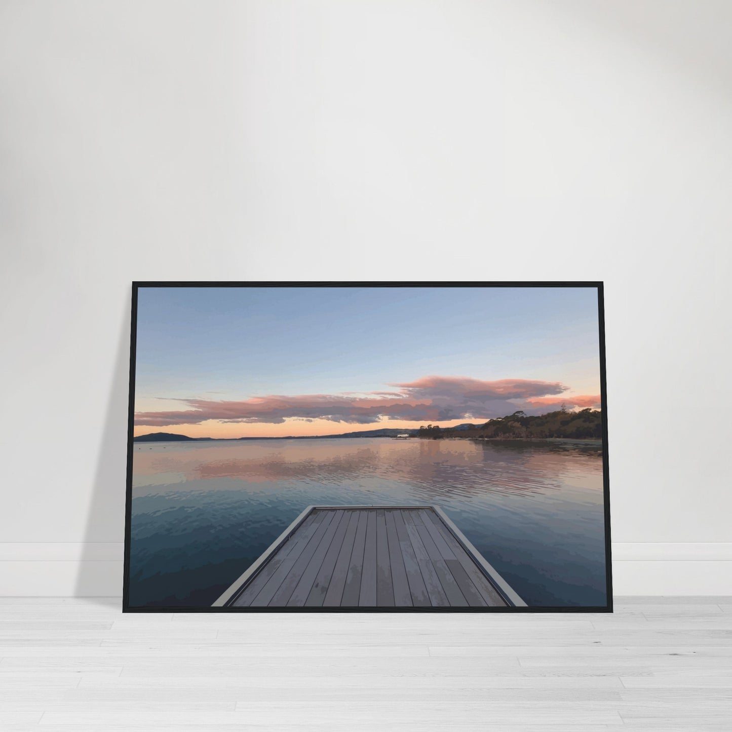 Jetty over Lake Rotorua at dusk with soft clouds and reflections in Echoes of the Lake by New Zealand designer Ben Hart.