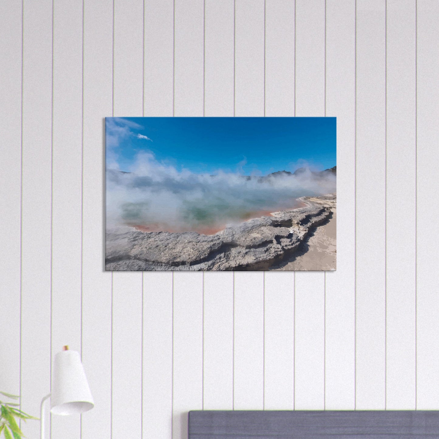 Steaming geothermal pool in Wai-O-Tapu, NZ, with green water and vivid edges in the artwork Thermal Waters by Ben Hart.