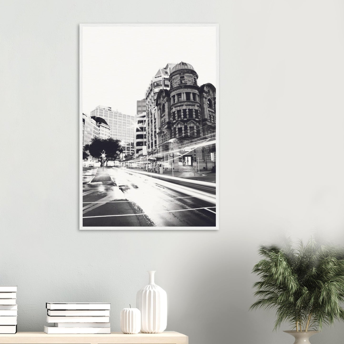 Wellington’s Public Trust Building in bold black and white with city light trails in Public Trust by NZ designer Ben Hart.