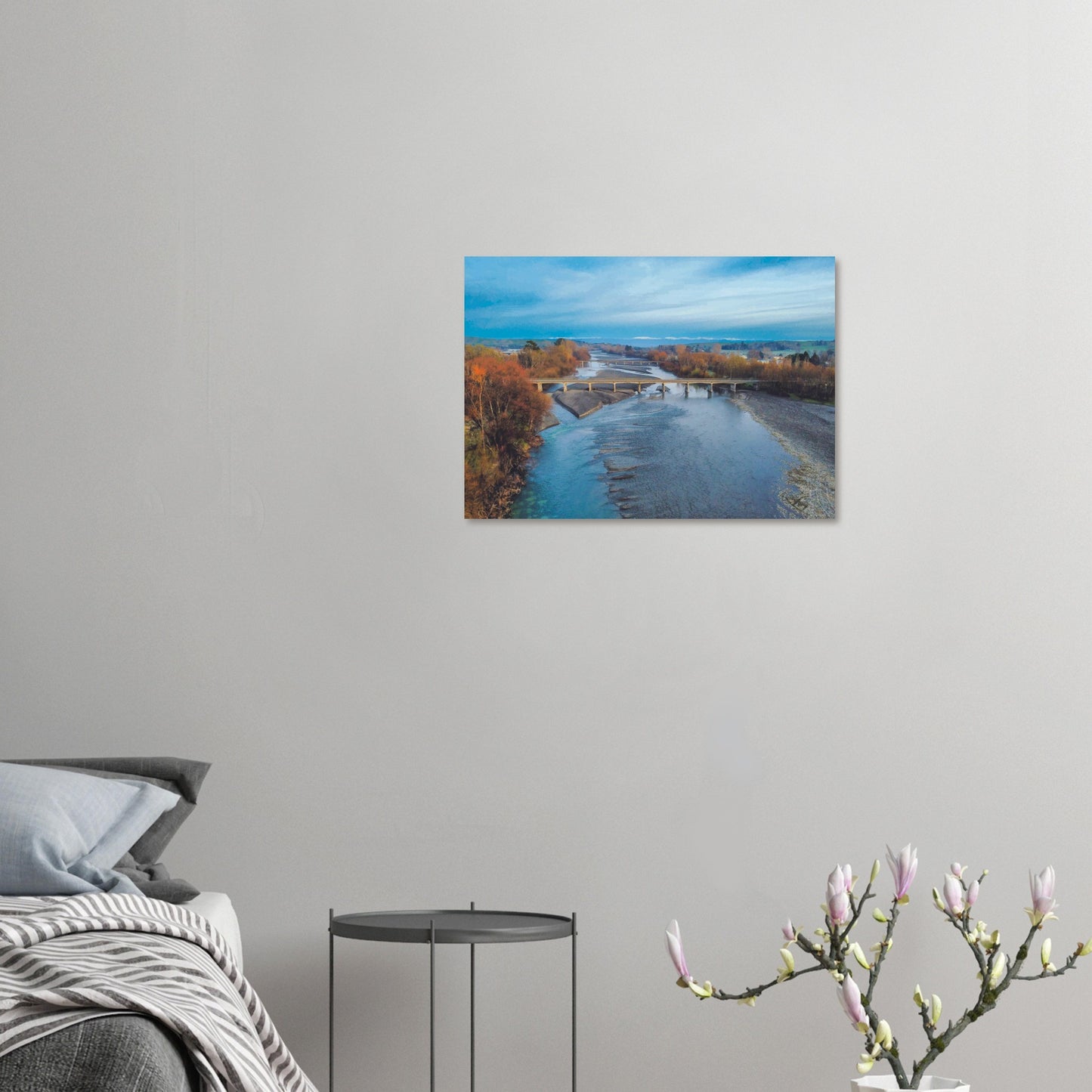 Aerial artwork of bridges crossing the Tuki Tuki River with the Ruahine Ranges in the distance, in cool, calm light.