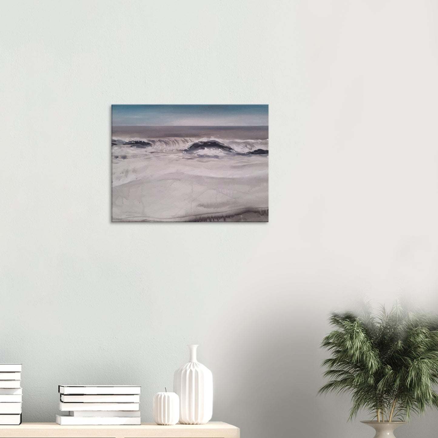 Moody seascape of waves breaking along Marine Parade in Hawke’s Bay, painted in muted greys and blues.