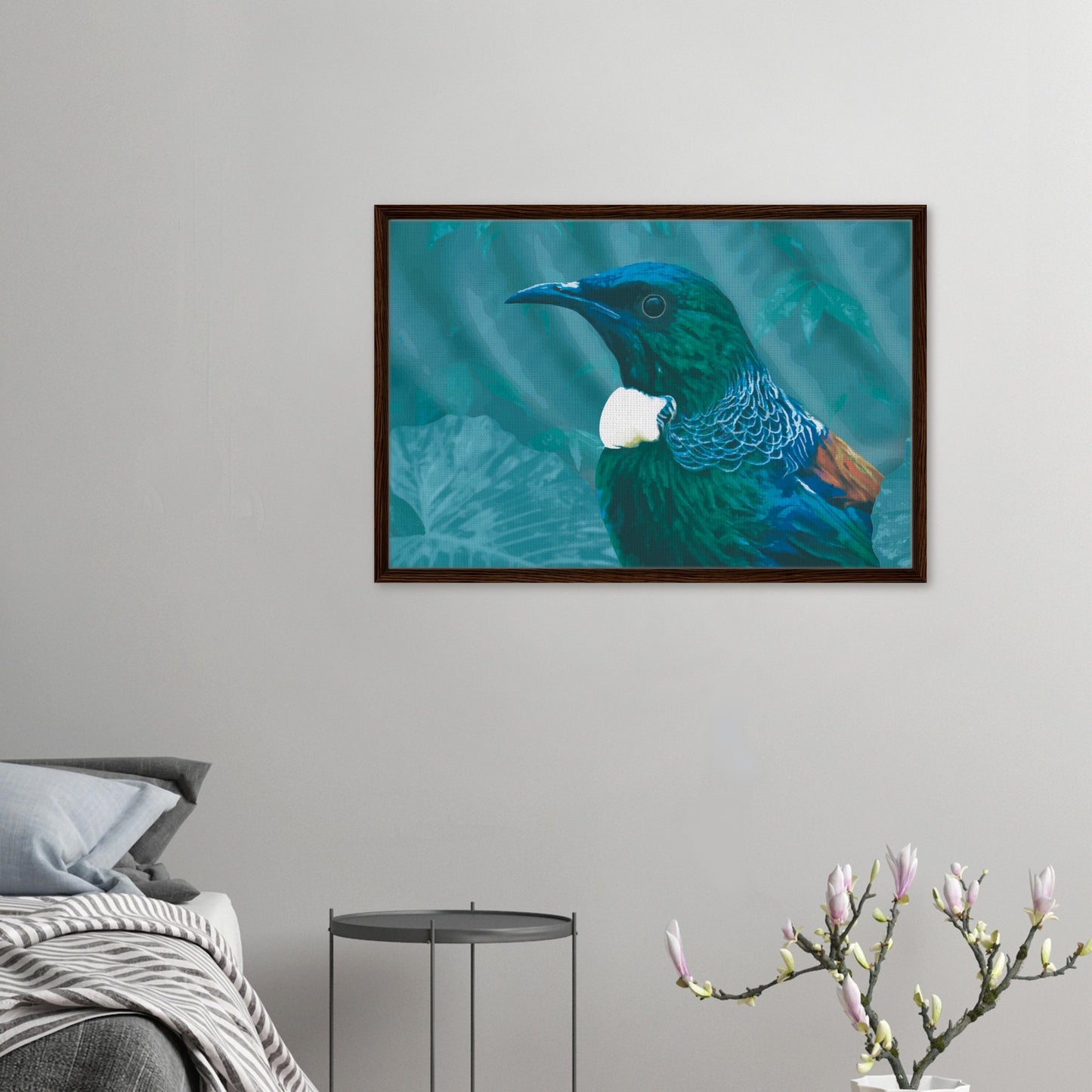 With rich teal and emerald hues and the tūī’s signature white throat tufts, the artwork evokes the dappled light of the forest and the bird’s melodic presence among the trees.