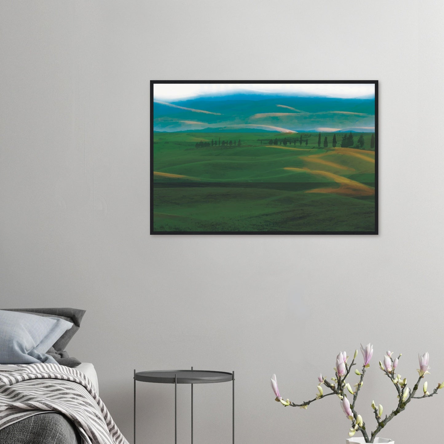 Artwork of rolling green hills and tall trees in soft golden light, evoking calm and quiet.