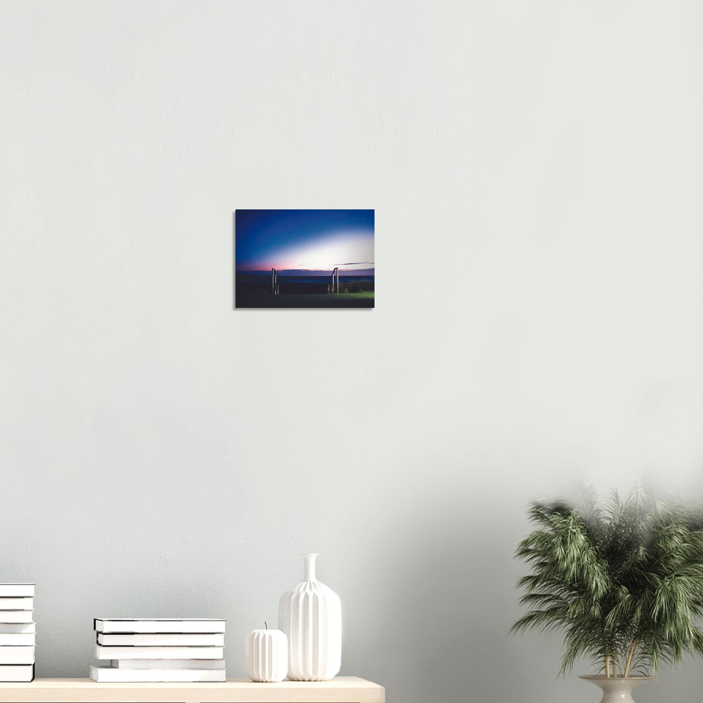 Artwork of Owhiro Bay at dusk with glowing horizon, sea, and steel railings leading into night.