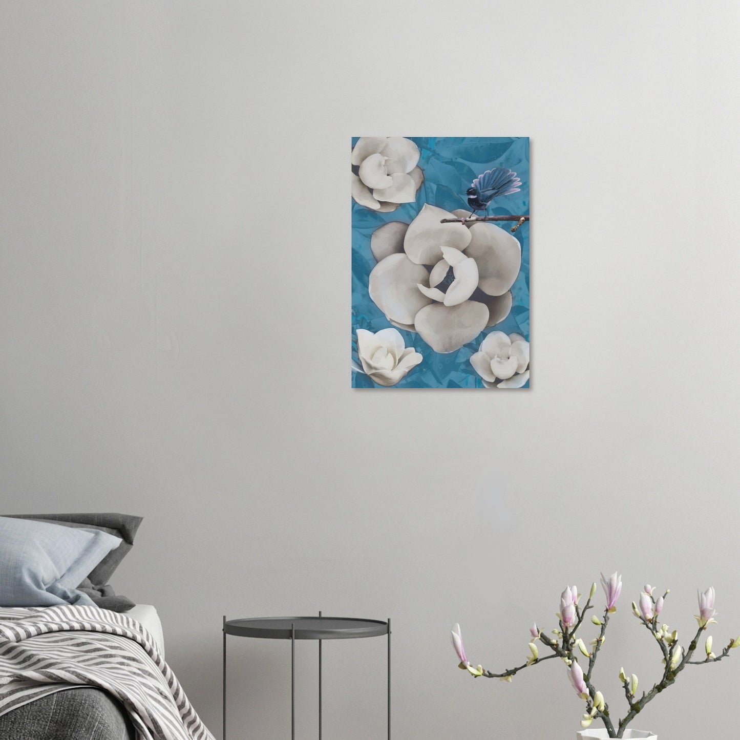 Artwork of a New Zealand pīwakawaka with its tail fanned wide, perched and alert with cool blue tones behind.