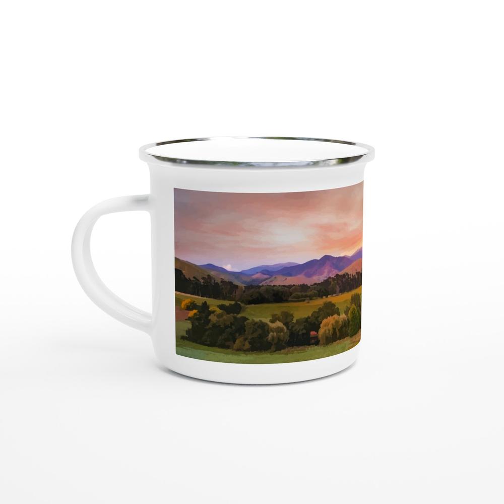 Designer enamel mugs with artwork by NZ designer