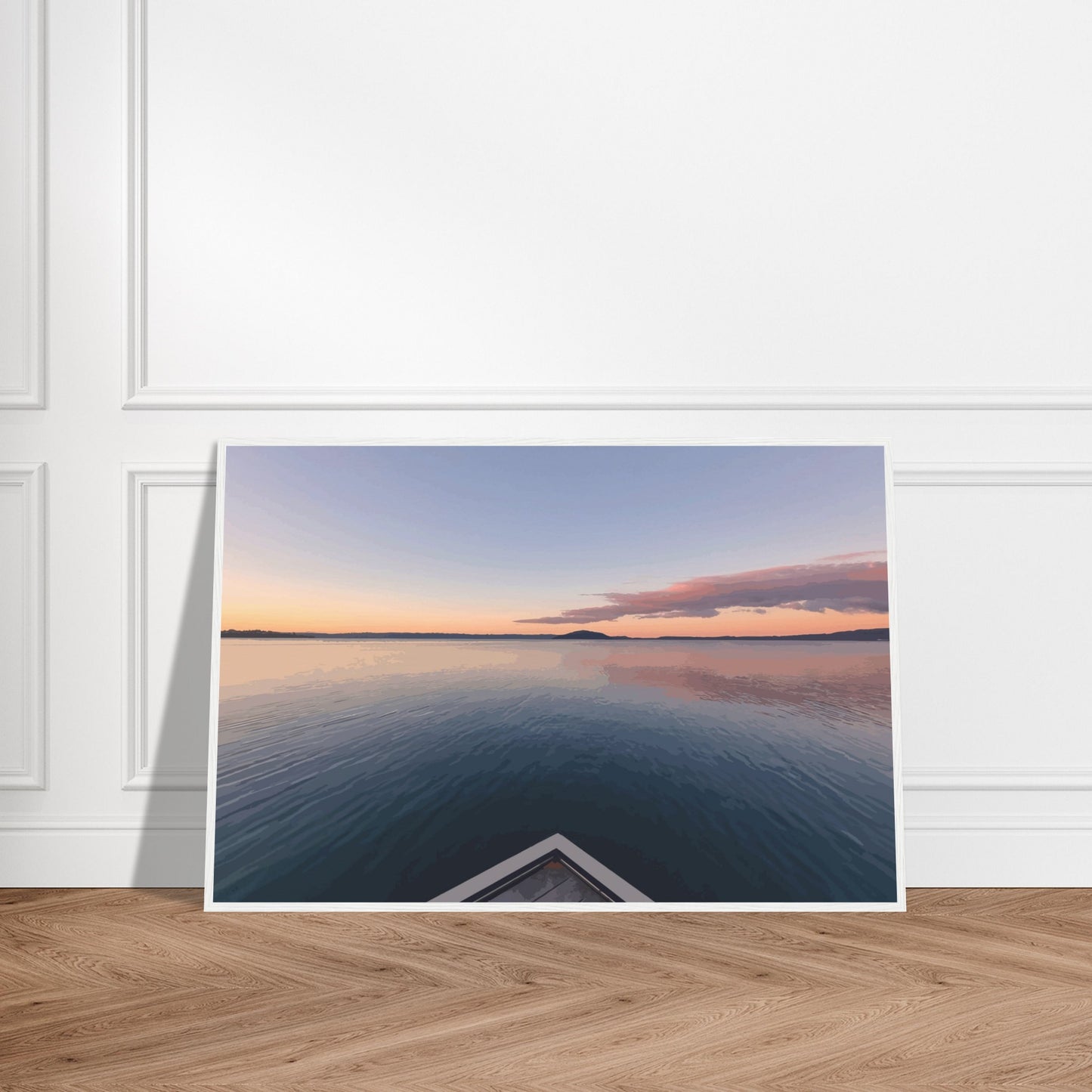 View from jetty over calm Lake Rotorua at sunset in the peaceful artwork Edge of Stillness by NZ designer Ben Hart.