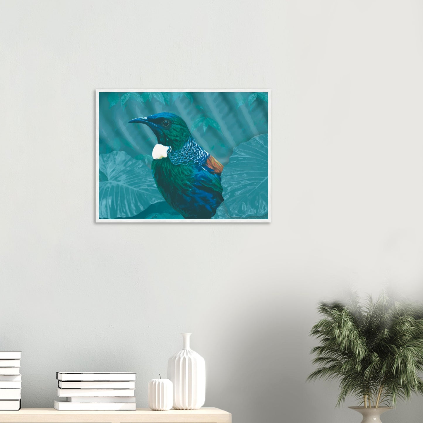 With rich teal and emerald hues and the tūī’s signature white throat tufts, the artwork evokes the dappled light of the forest and the bird’s melodic presence among the trees.