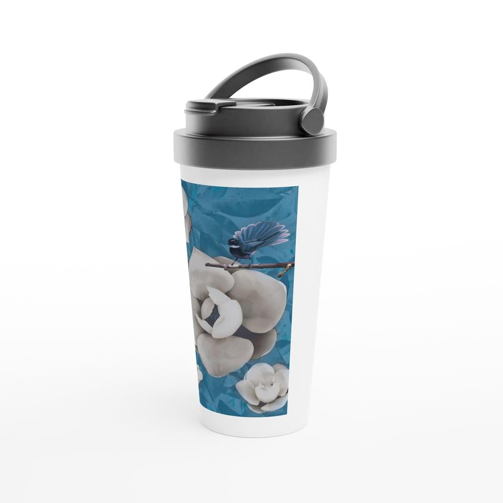 Designer stainless steel travel mug with artwork by NZ designer