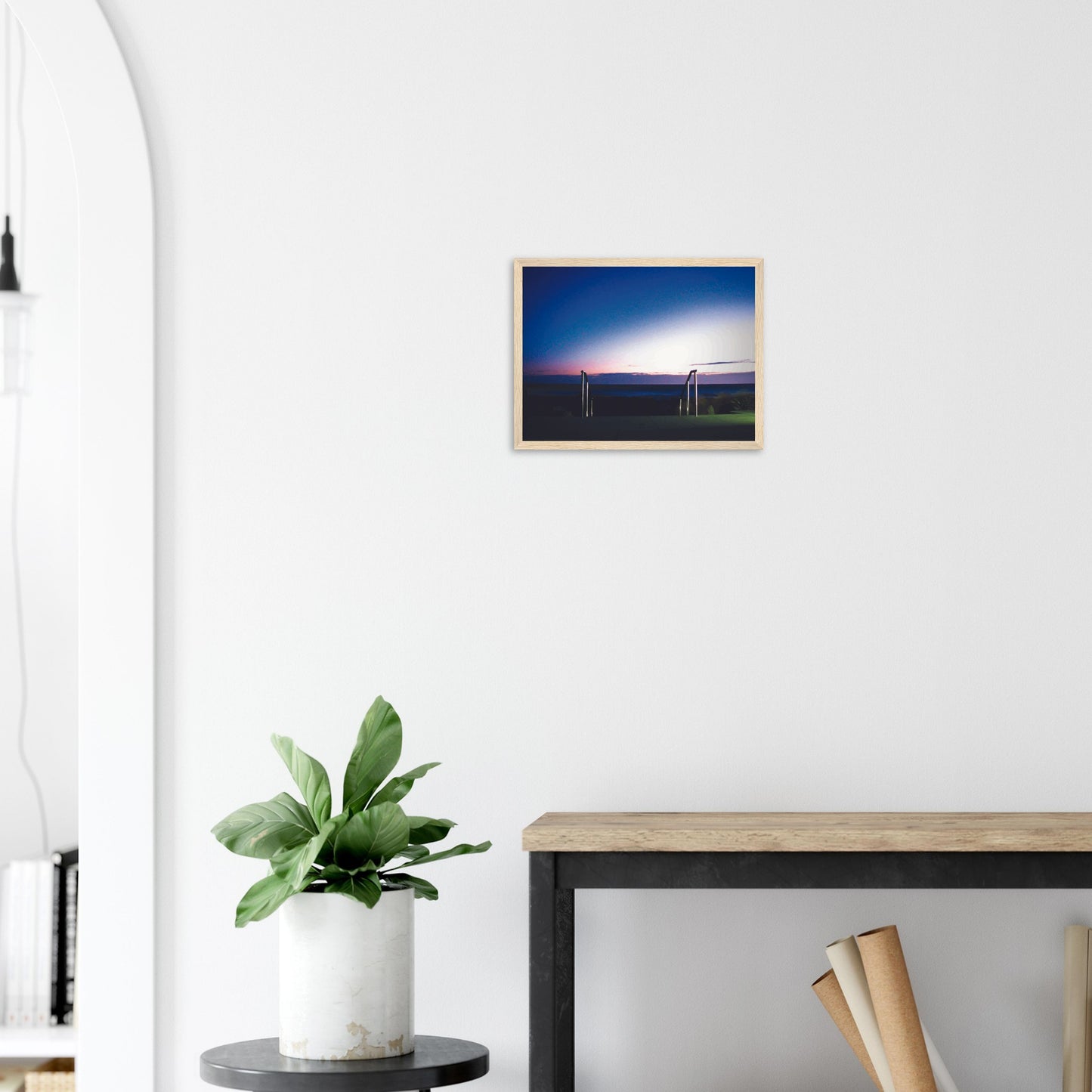 Artwork of Owhiro Bay at dusk with glowing horizon, sea, and steel railings leading into night.