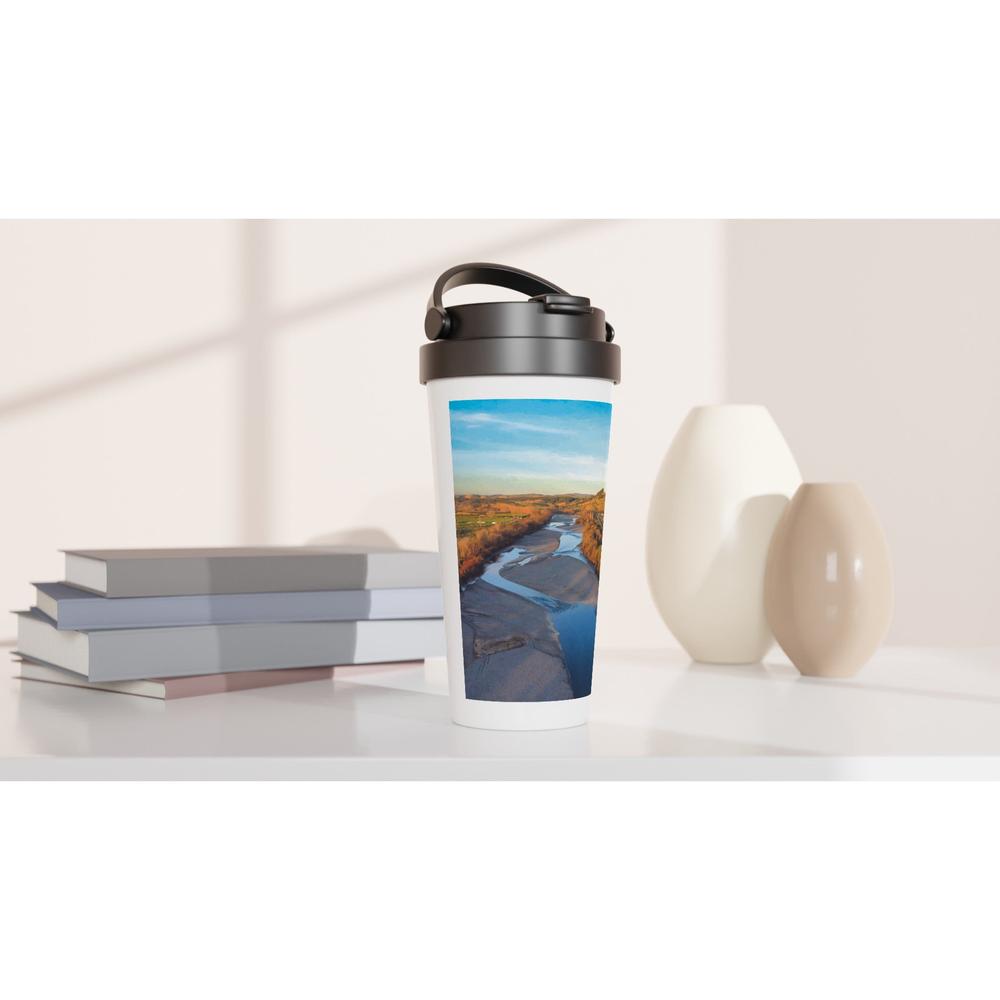 Designer stainless steel travel mug with artwork by NZ designer
