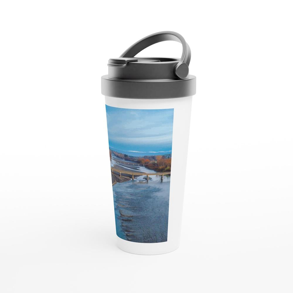 Designer stainless steel travel mug with artwork by NZ designer