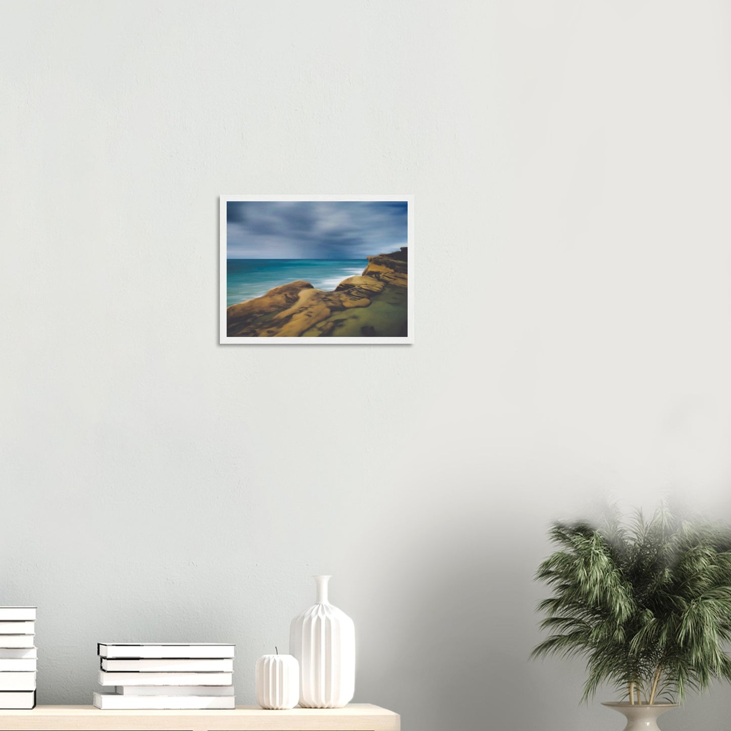 Moody seascape artwork of Castlepoint, with cliffs in the foreground and dark ocean under a brooding sky.