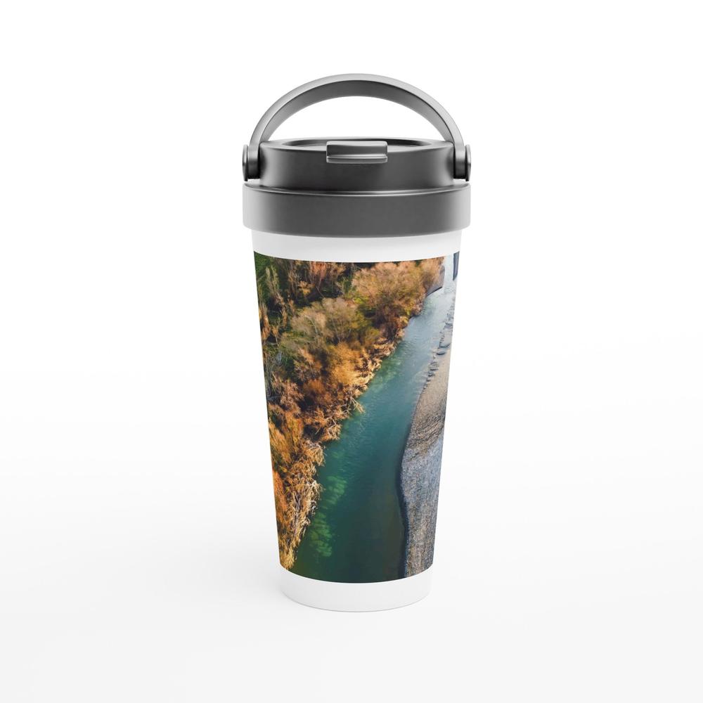 Designer stainless steel travel mug with artwork by NZ designer