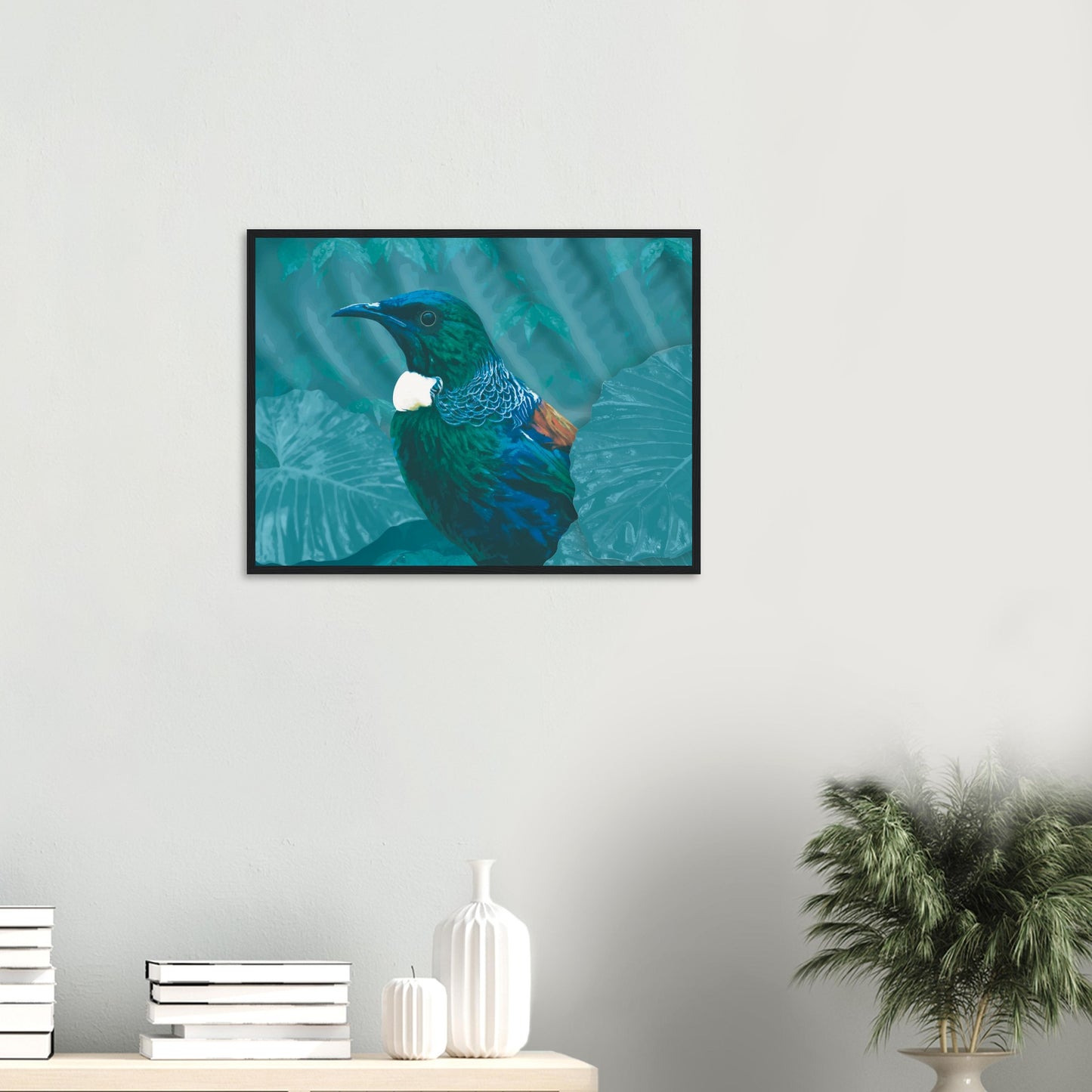 With rich teal and emerald hues and the tūī’s signature white throat tufts, the artwork evokes the dappled light of the forest and the bird’s melodic presence among the trees.