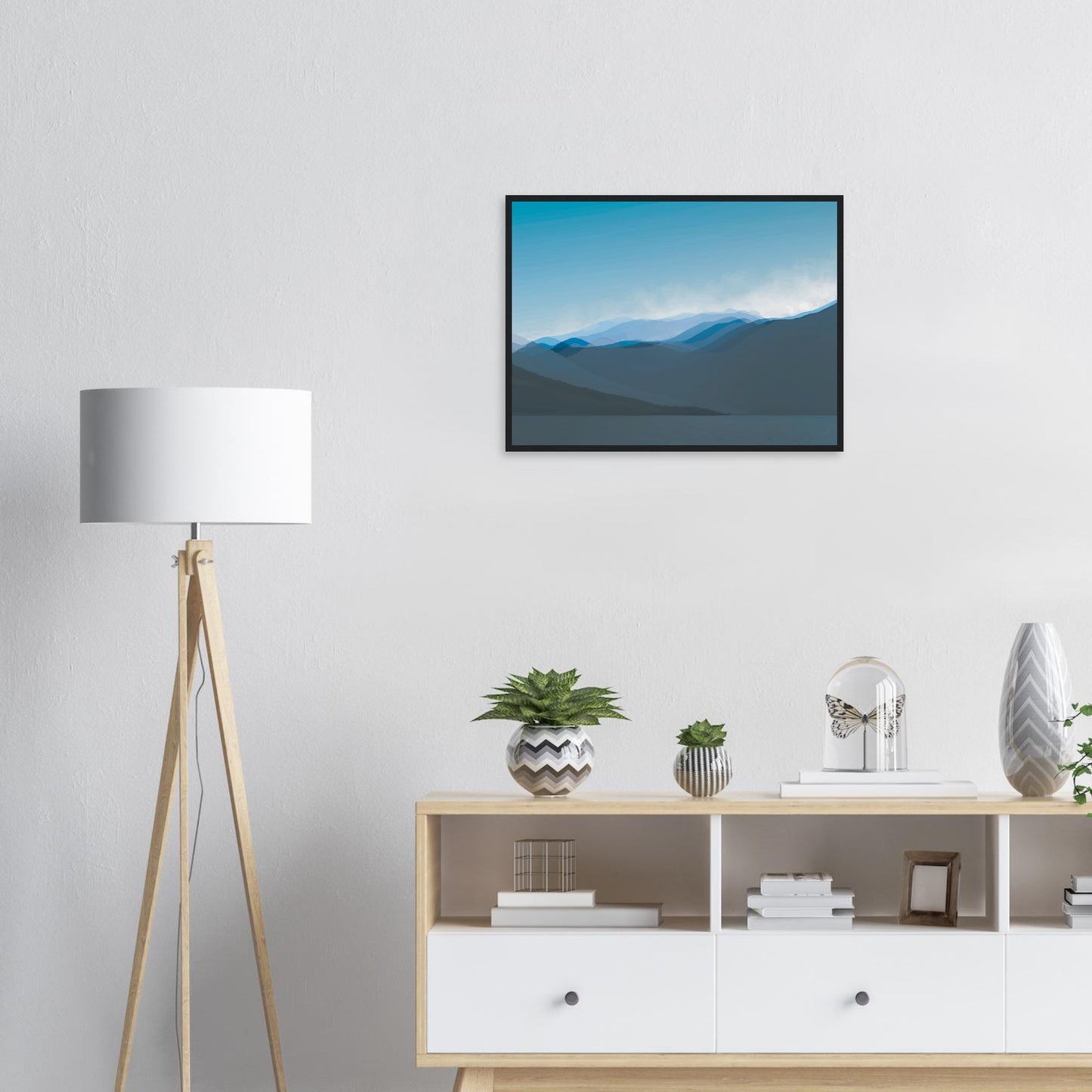 Soft, layered silhouettes of misty blue mountains against a calming sky, this piece captures the peaceful essence of nature