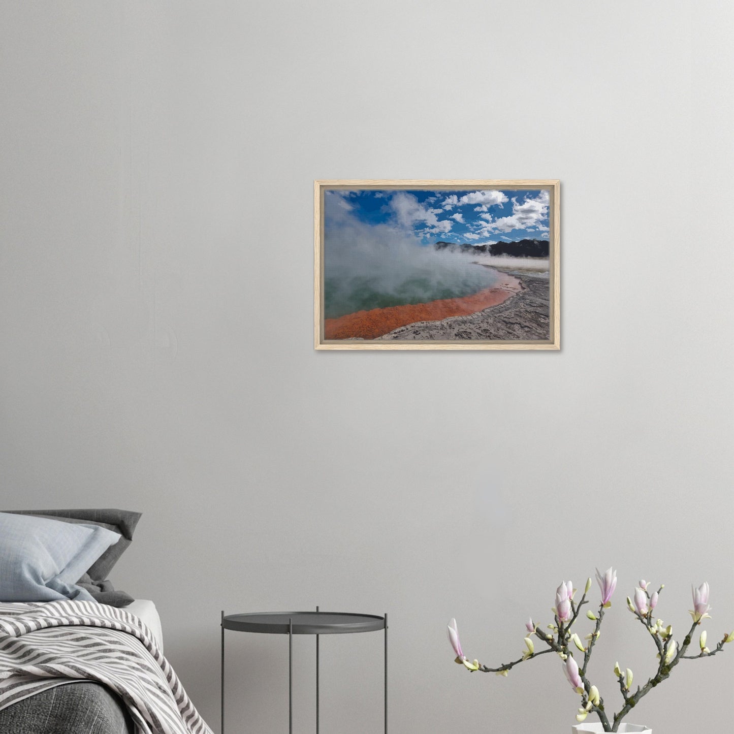 Steaming geothermal pool with bright sky and vivid orange rim in Enchanted Waters by NZ designer Ben Hart.