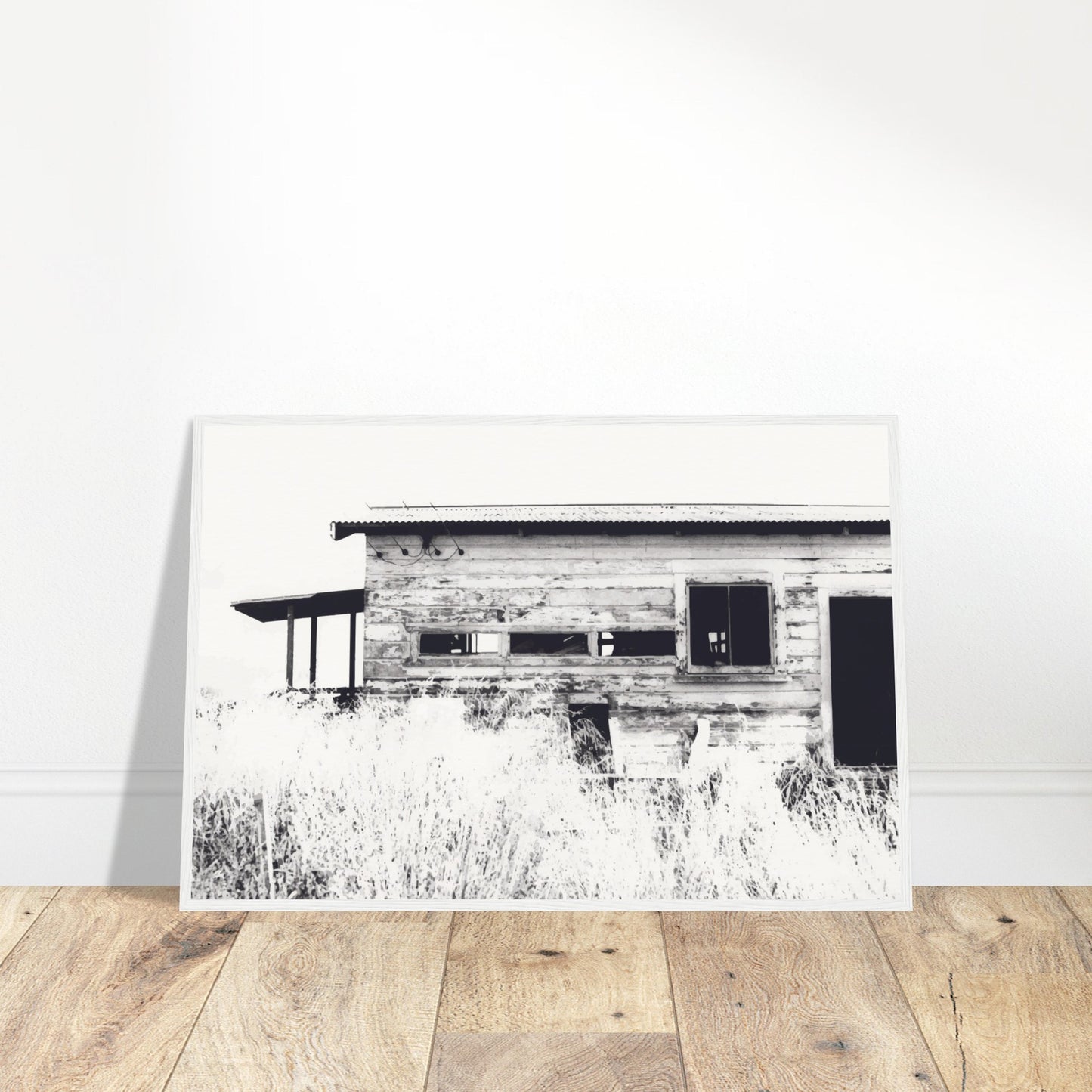 Old timber woolshed in black and white with peeling paint and wild grass in The Woolshed by NZ artist Ben Hart.