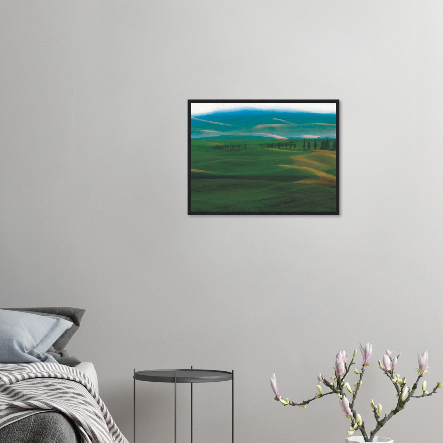 Artwork of rolling green hills and tall trees in soft golden light, evoking calm and quiet.