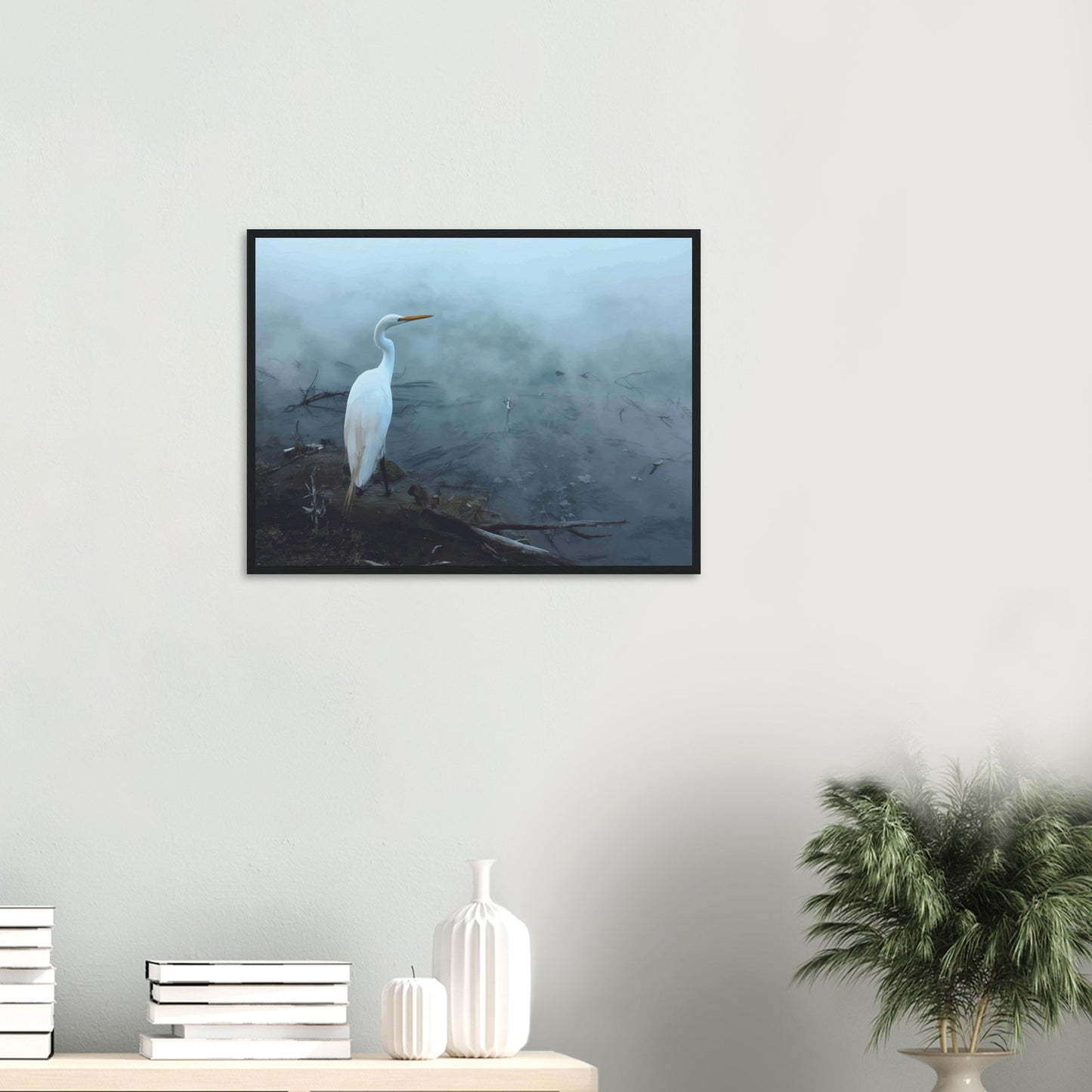 'Grace in the mist' captures the graceful presence of the Kōtuku (white heron) standing still on the edge of a steaming geothermal pool.