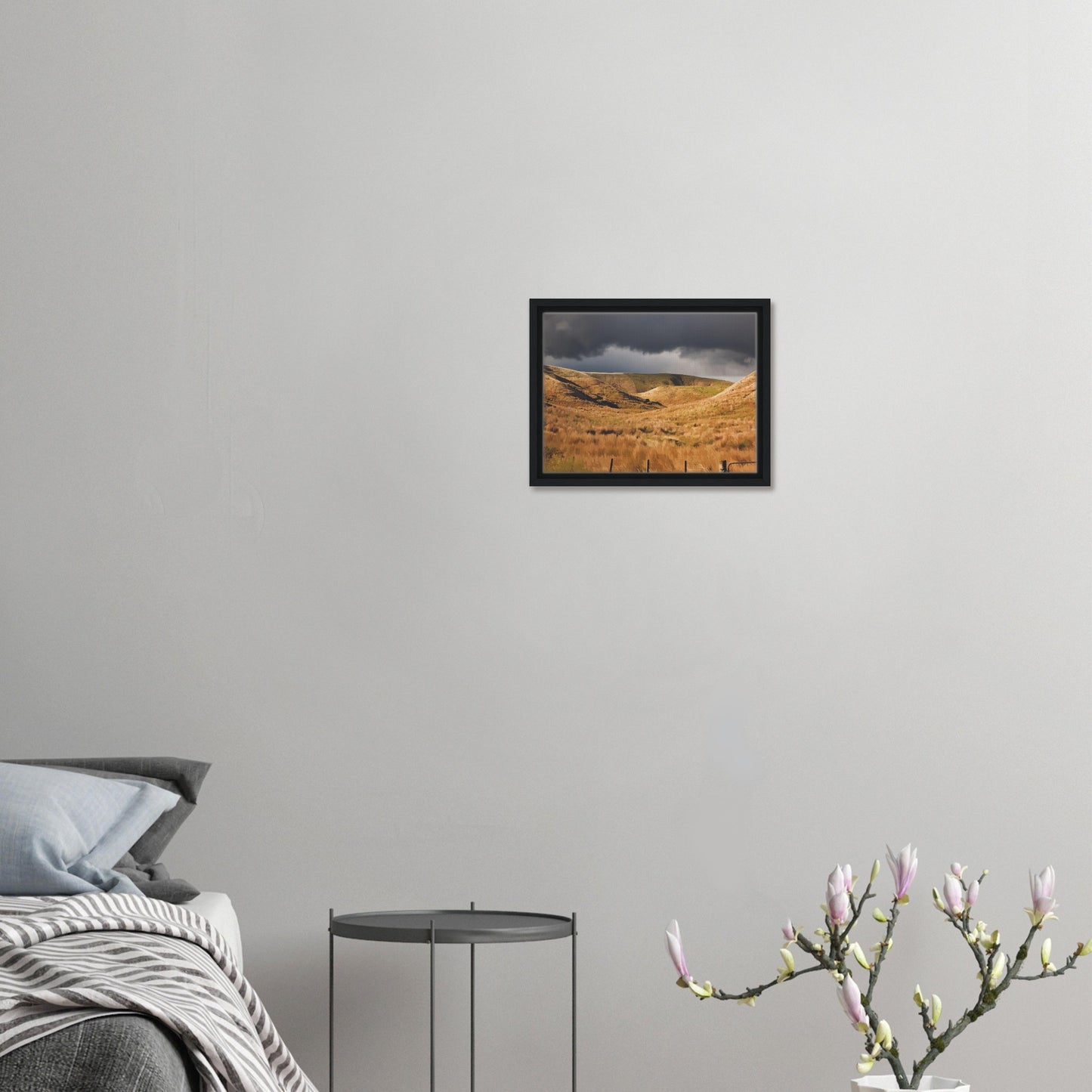 Golden Hawke’s Bay hills beneath dark clouds in a nostalgic NZ landscape artwork titled Trip Home by Ben Hart.