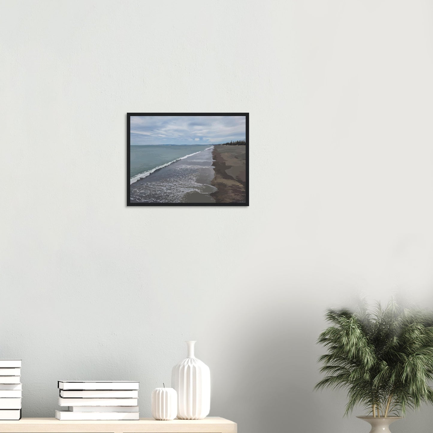 Gentle waves roll onto the dark sand, stretching endlessly into the distance under a softly clouded sky. Hints of pine trees and distant land complete the scene