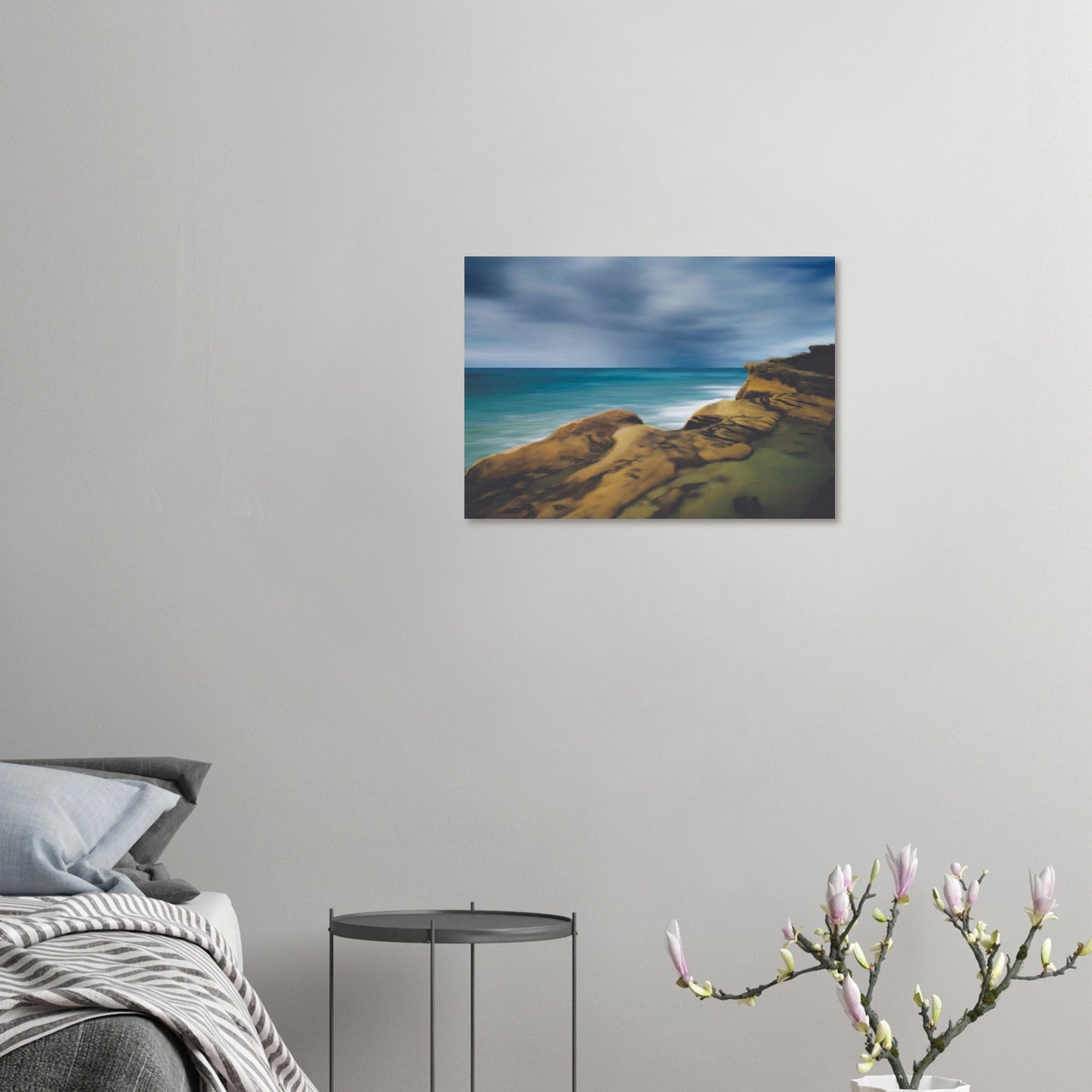 Moody seascape artwork of Castlepoint, with cliffs in the foreground and dark ocean under a brooding sky.