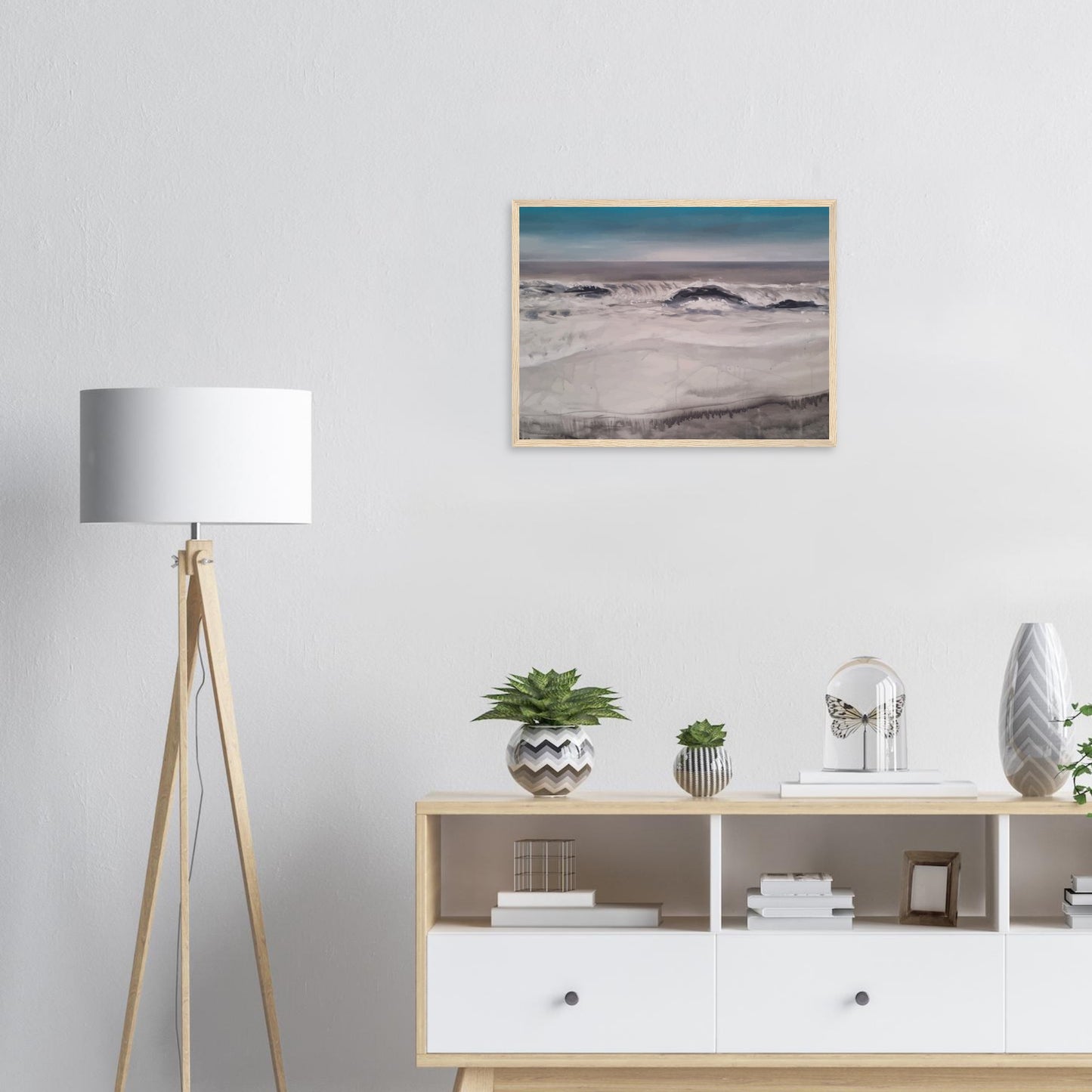 Moody seascape of waves breaking along Marine Parade in Hawke’s Bay, painted in muted greys and blues.