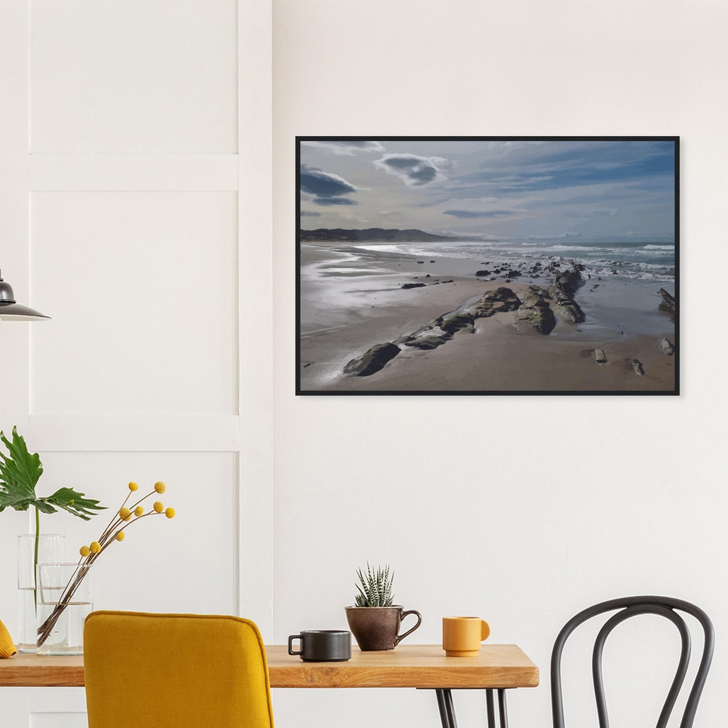 A moody, windswept beach and a line of sea-weathered rocks stretching into the distance, this artwork captures the raw, untouched feel of a wild shoreline.