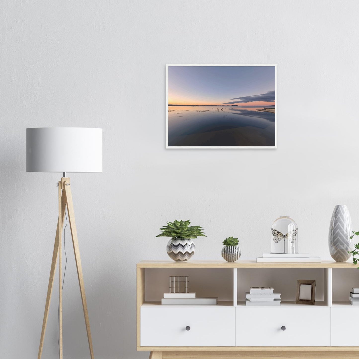 Peaceful Lake Rotorua at sunset with soft pastels, black swans and reflections in Whispers on the Lake by Ben Hart.
