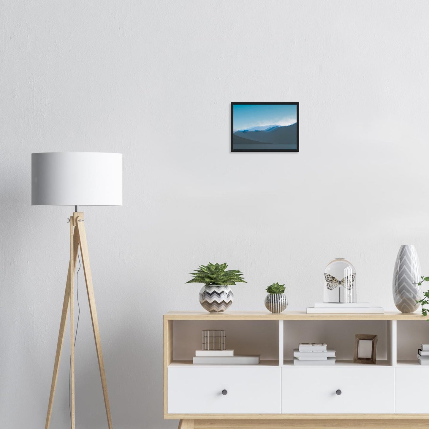 Soft, layered silhouettes of misty blue mountains against a calming sky, this piece captures the peaceful essence of nature