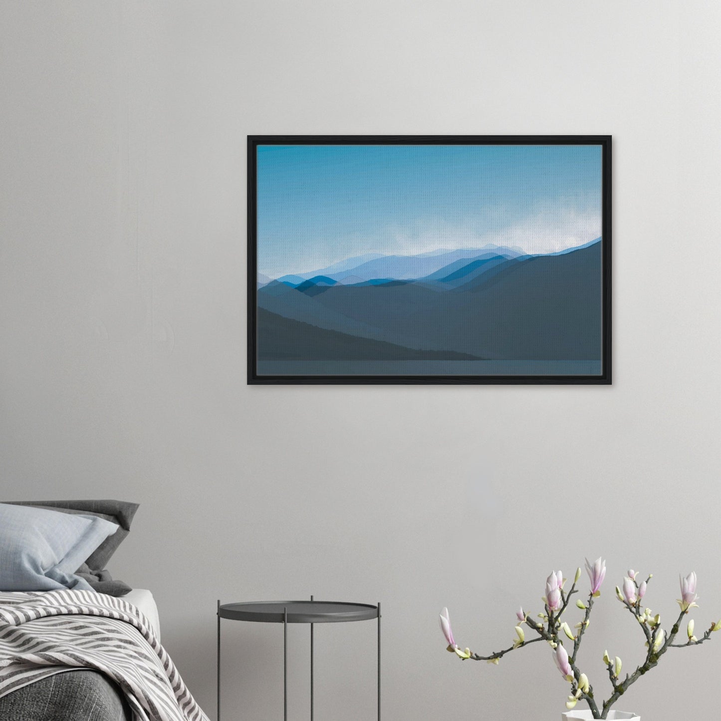 Soft, layered silhouettes of misty blue mountains against a calming sky, this piece captures the peaceful essence of nature.