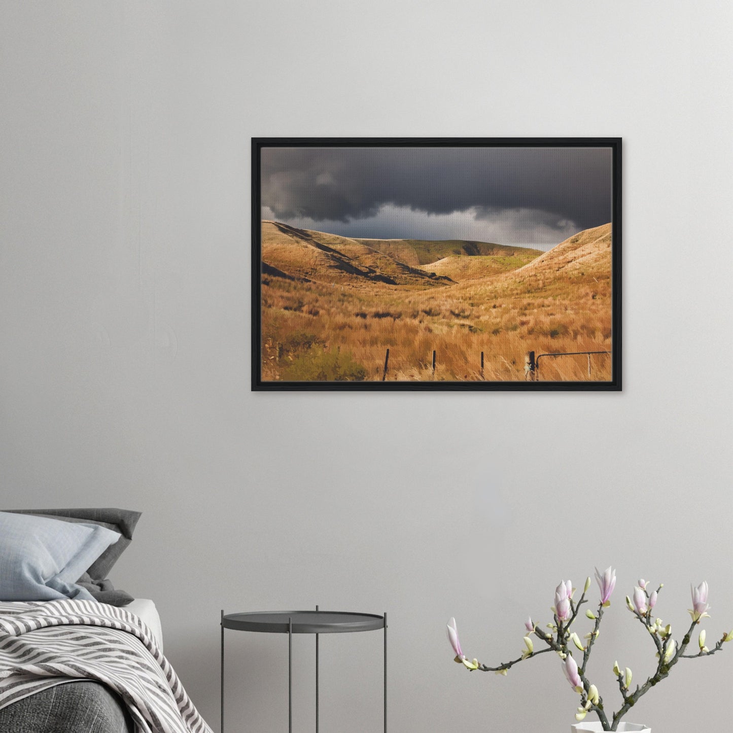 Golden Hawke’s Bay hills beneath dark clouds in a nostalgic NZ landscape artwork titled Trip Home by Ben Hart.