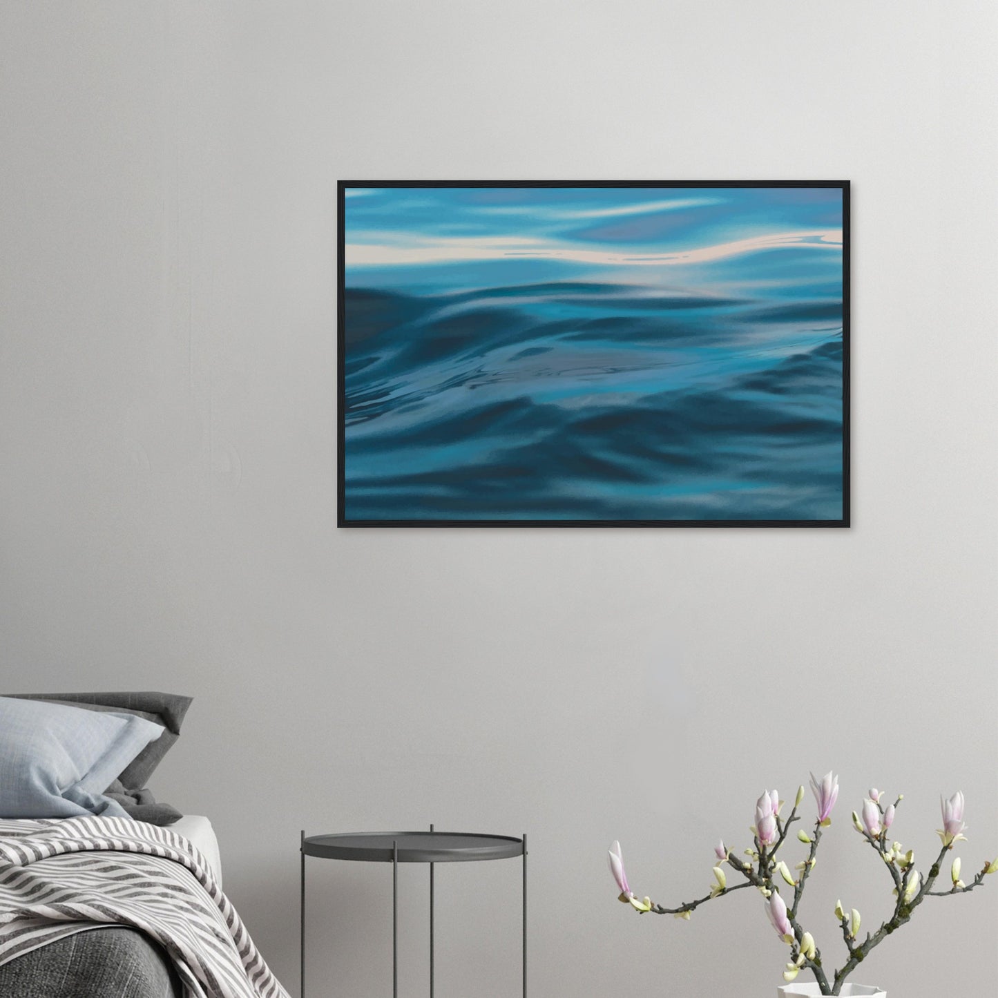 Flowing blue seascape with soft ripple textures and light reflections.