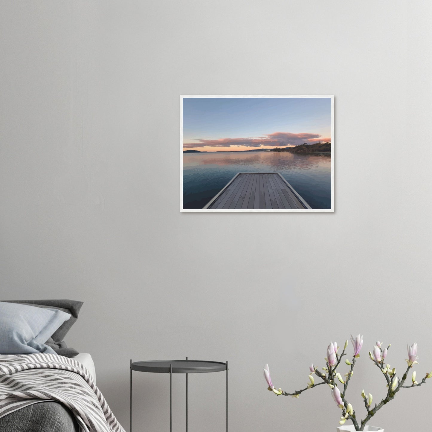 Jetty over Lake Rotorua at dusk with soft clouds and reflections in Echoes of the Lake by New Zealand designer Ben Hart.
