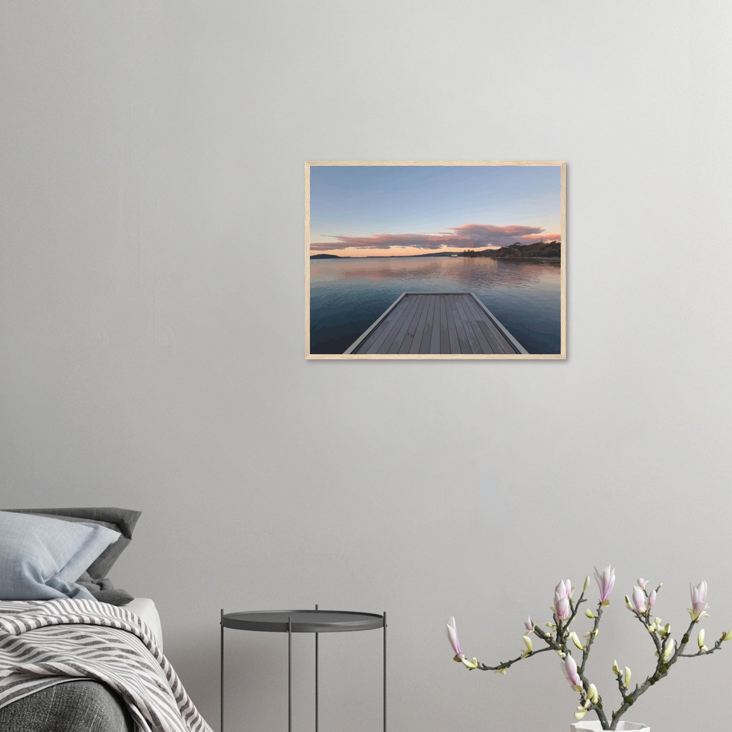 Jetty over Lake Rotorua at dusk with soft clouds and reflections in Echoes of the Lake by New Zealand designer Ben Hart.