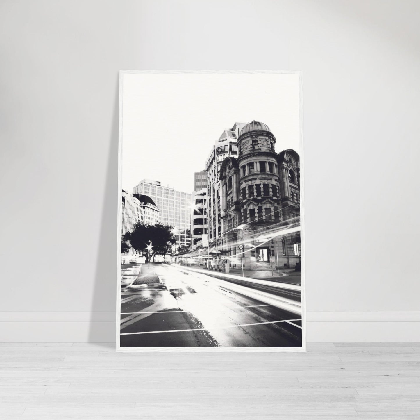 Wellington’s Public Trust Building in bold black and white with city light trails in Public Trust by NZ designer Ben Hart.