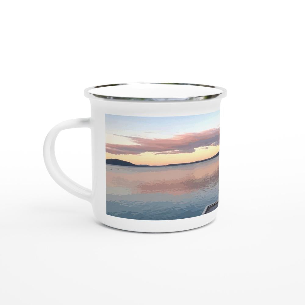 Designer enamel mugs with artwork by NZ designer