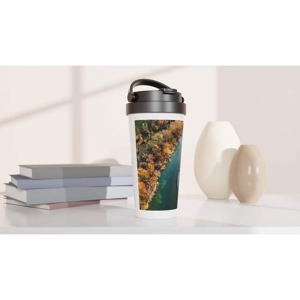 Designer stainless steel travel mug with artwork by NZ designer