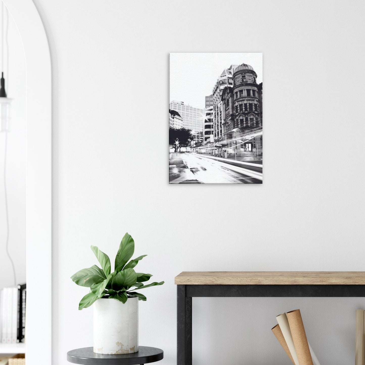 Wellington’s Public Trust Building in bold black and white with city light trails in Public Trust by NZ designer Ben Hart.