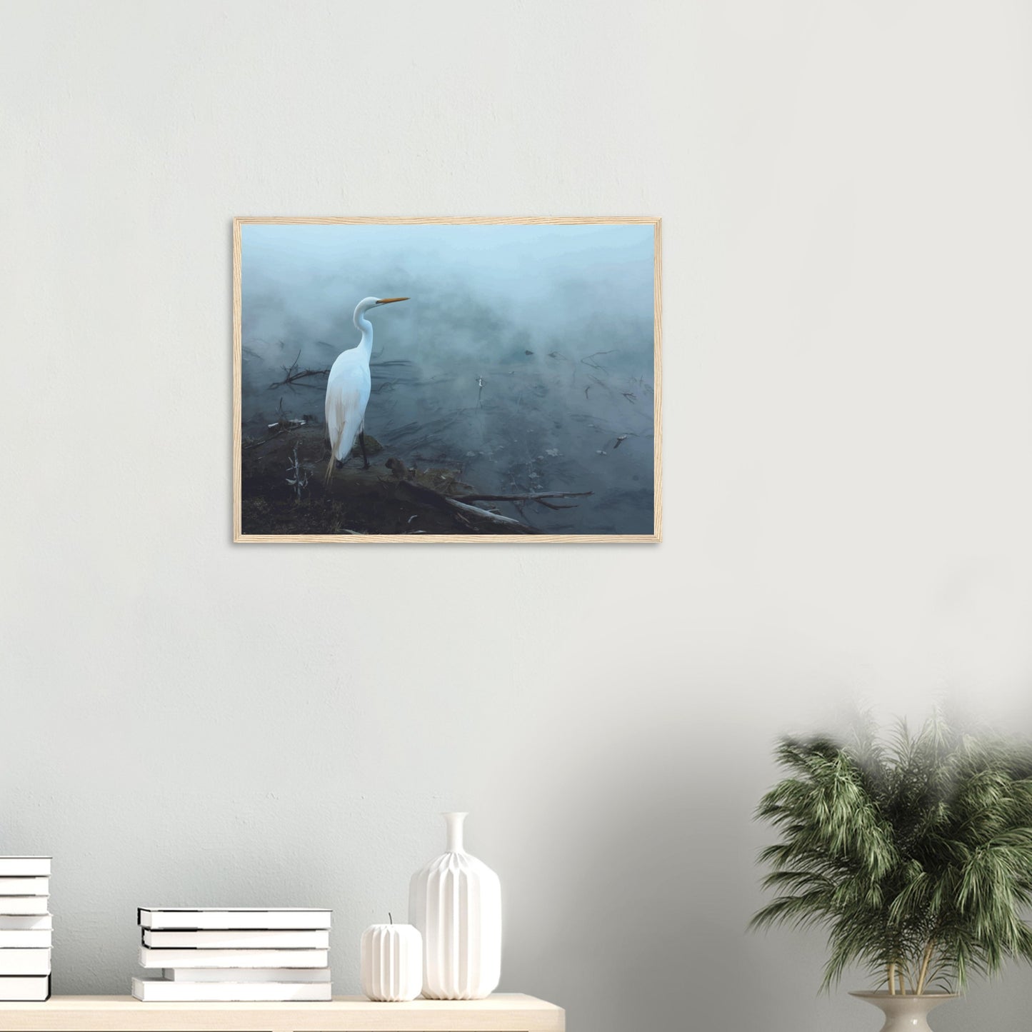 'Grace in the mist' captures the graceful presence of the Kōtuku (white heron) standing still on the edge of a steaming geothermal pool.