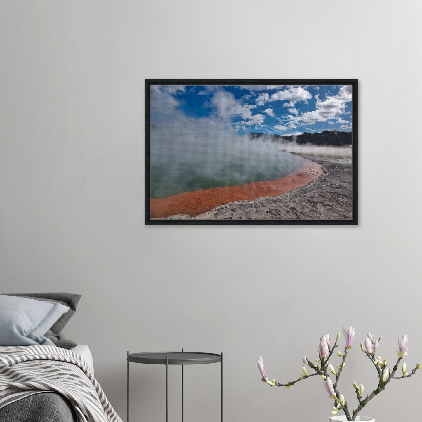 Steaming geothermal pool with bright sky and vivid orange rim in Enchanted Waters by NZ designer Ben Hart.