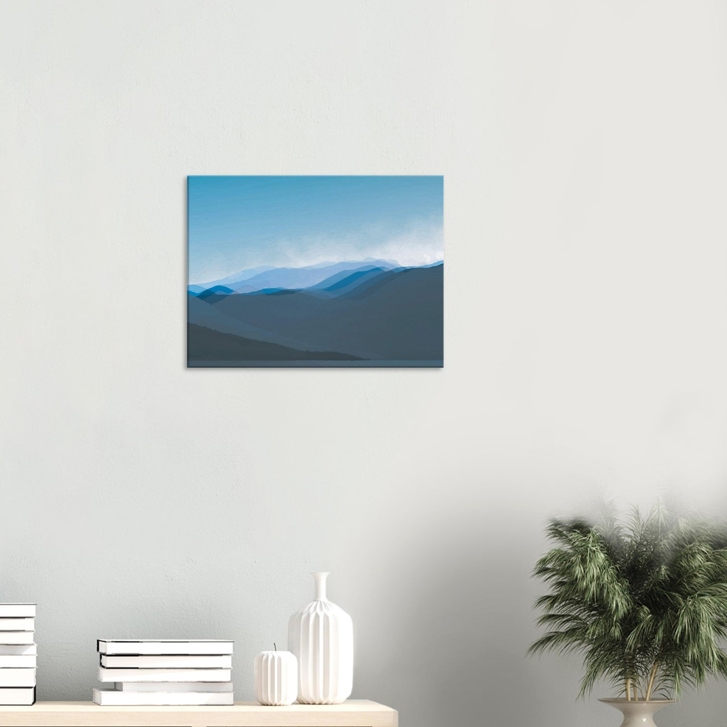 Soft, layered silhouettes of misty blue mountains against a calming sky, this piece captures the peaceful essence of nature.