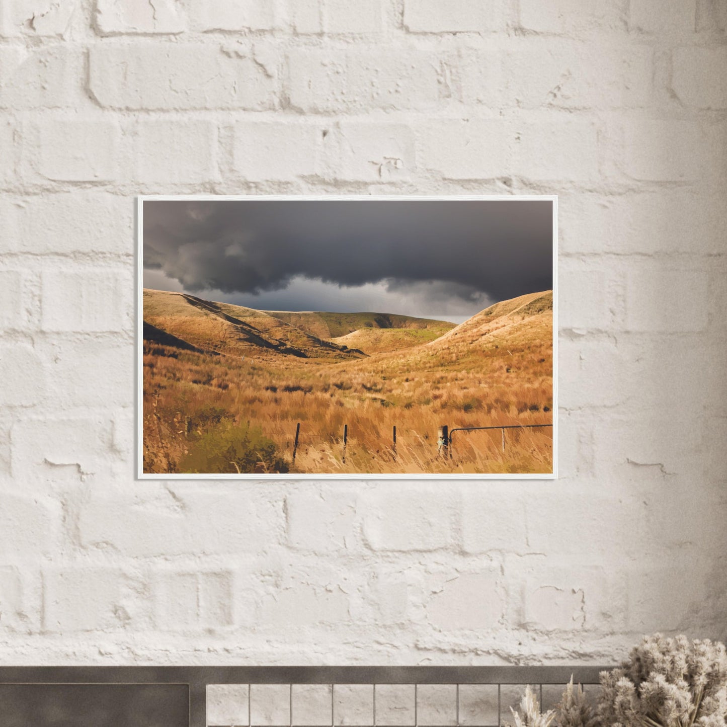 Golden Hawke’s Bay hills beneath dark clouds in a nostalgic NZ landscape artwork titled Trip Home by Ben Hart.