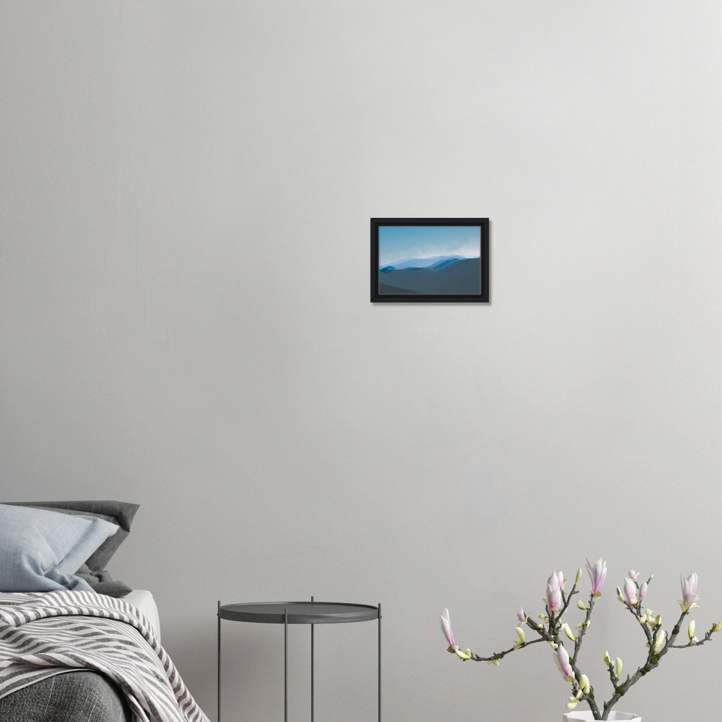 Soft, layered silhouettes of misty blue mountains against a calming sky, this piece captures the peaceful essence of nature.