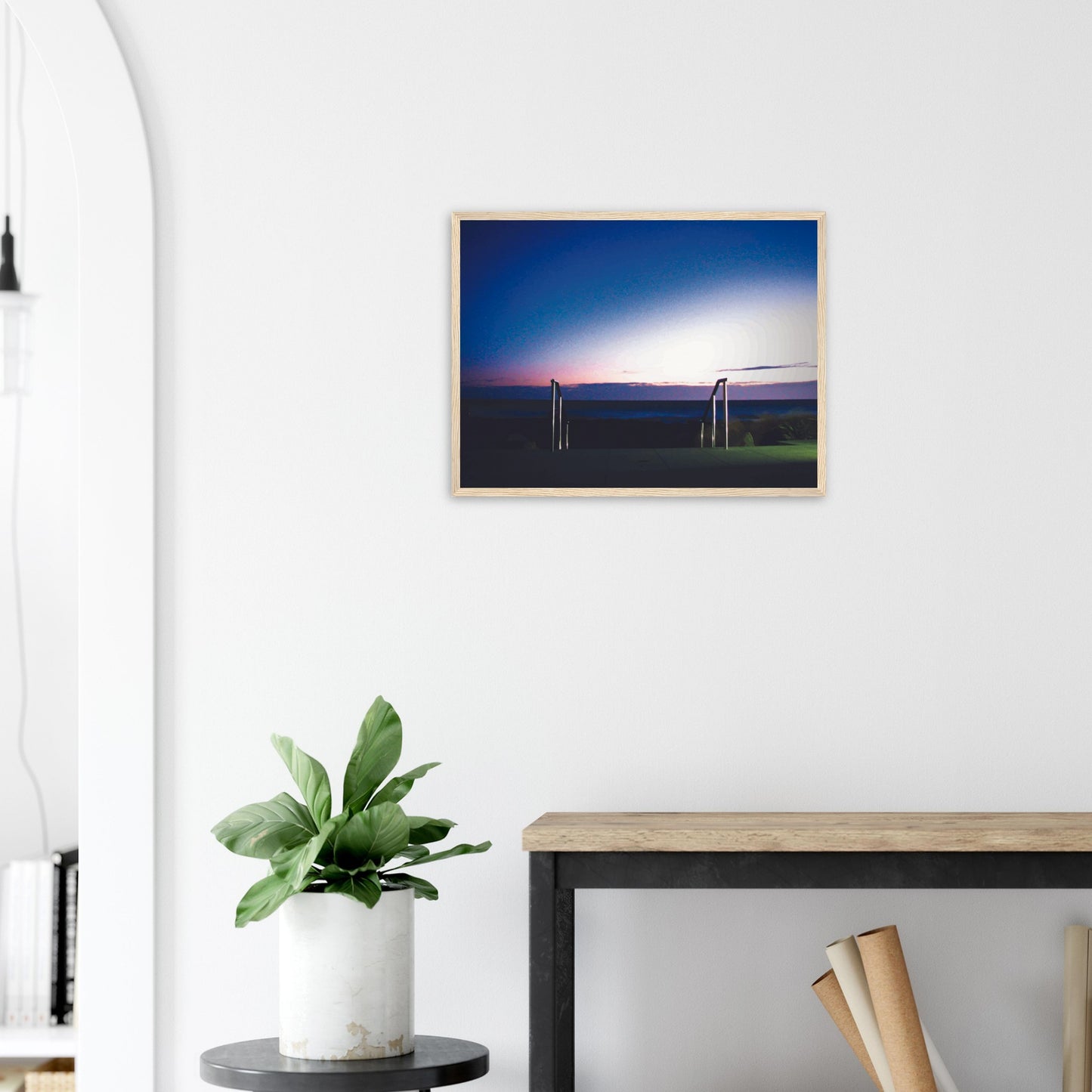 Artwork of Owhiro Bay at dusk with glowing horizon, sea, and steel railings leading into night.