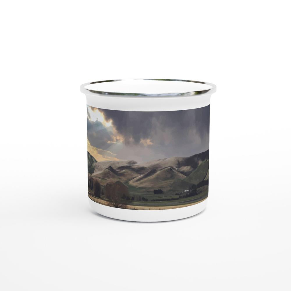 Designer enamel mugs with artwork by NZ designer