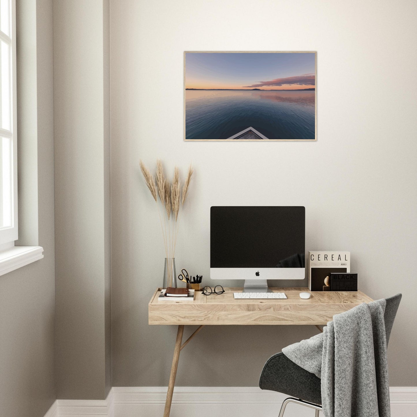 View from jetty over calm Lake Rotorua at sunset in the peaceful artwork Edge of Stillness by NZ designer Ben Hart.