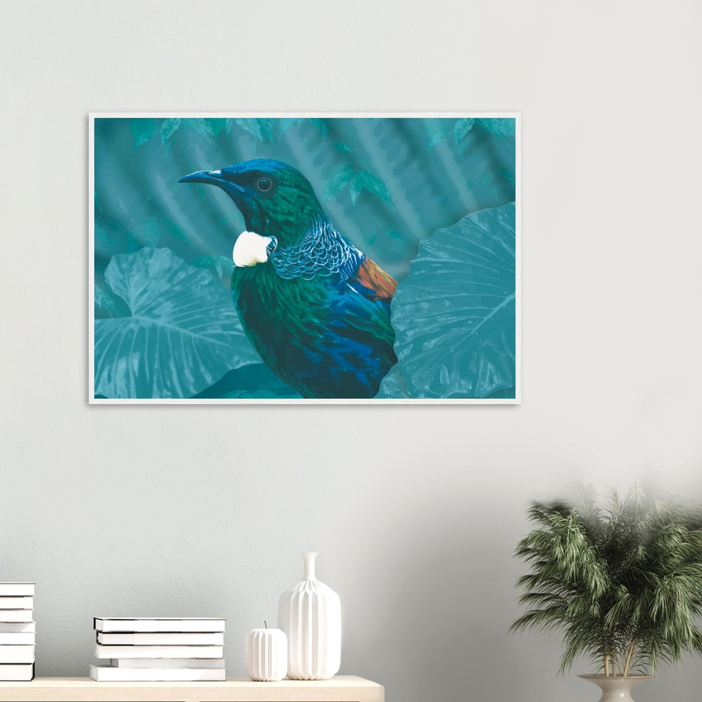 With rich teal and emerald hues and the tūī’s signature white throat tufts, the artwork evokes the dappled light of the forest and the bird’s melodic presence among the trees.
