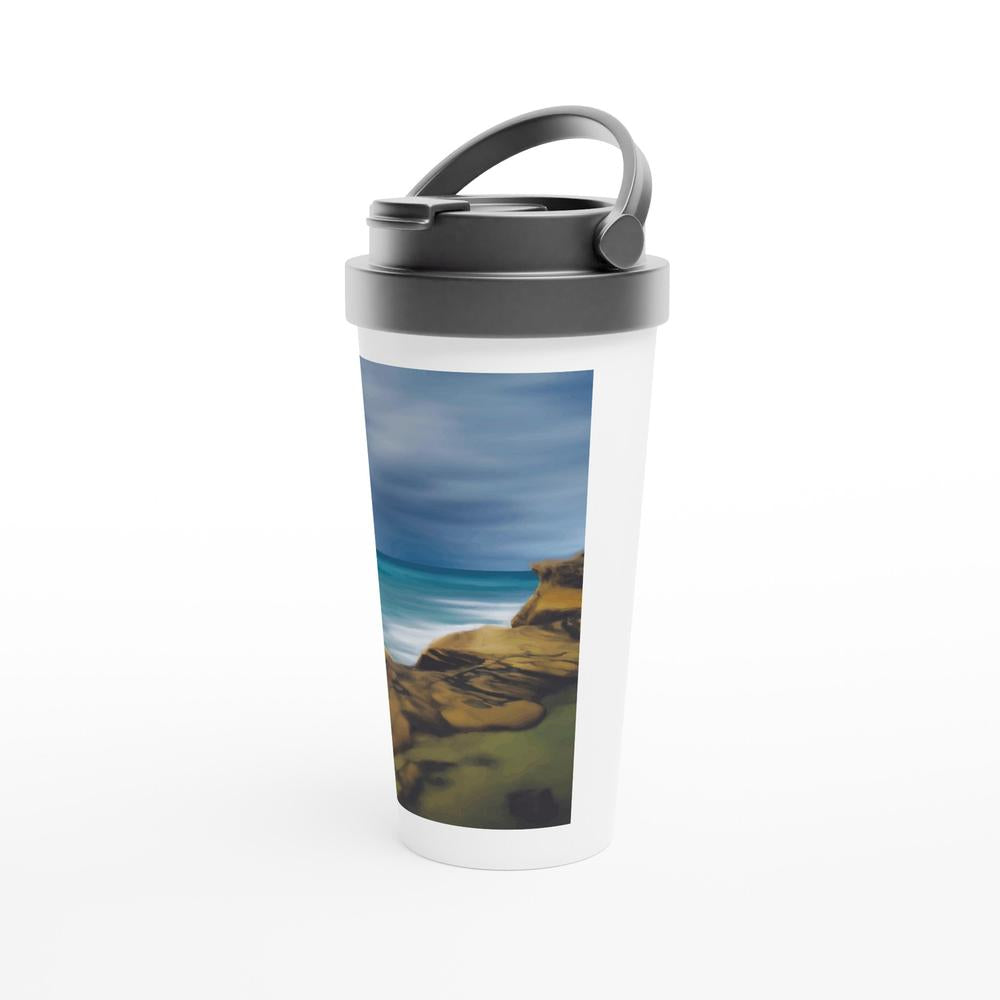 Designer stainless steel travel mug with artwork by NZ designer